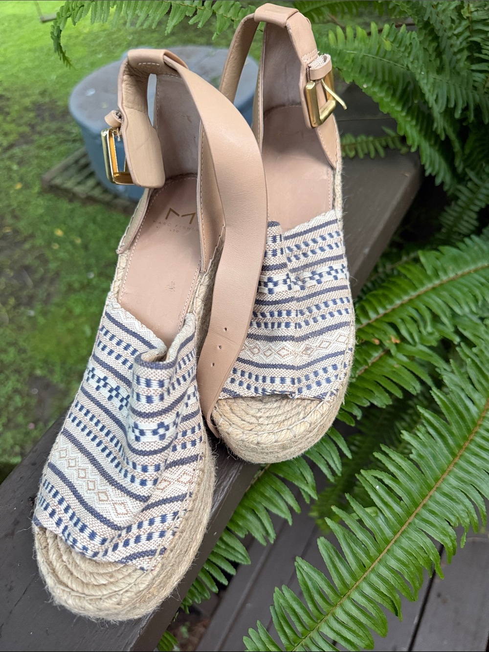 Marc Fisher Beige Leather and Blue Patterned Espadrille Wedges